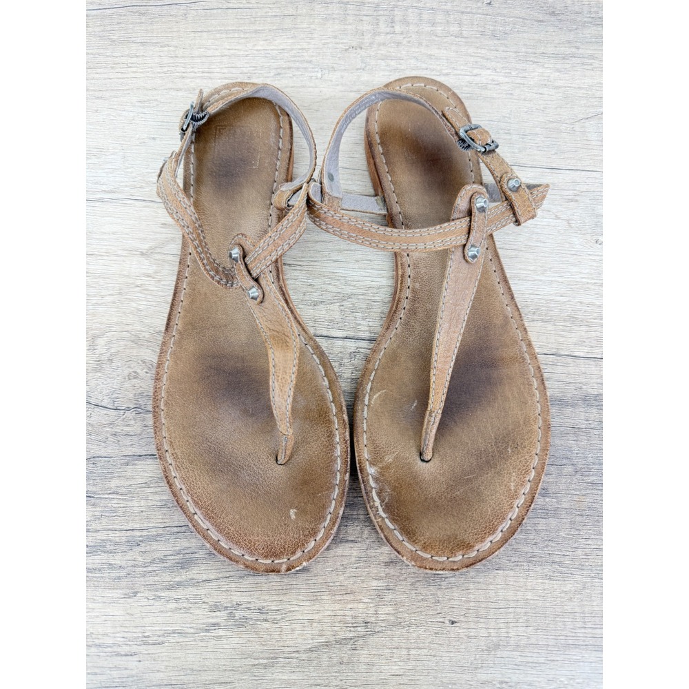 Frye Carson T Cognac Brown Leather Flat T-Strap Thong Sandals 9.5